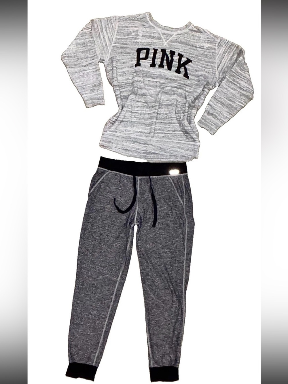 PINK Victoria's Secret 2pc set  Distressed Sweatshirt & Jogger Spellout Logo (M)